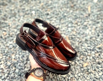 Men’s Faux Leather Peshawari Sandals – Handmade Khairi Chappal with Adjustable Buckle | Black & Brown