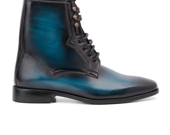Bottines montantes pour homme en cuir véritable bleu, chaussures habillées à lacets en cuir de vachette fabriquées à la main, chaussures élégantes pour homme