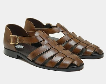 Brown Fisherman Sandal, Leather Men’s Shoes with Adjustable Ankle Buckle