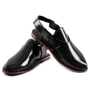 Handgefertigte Schwarze Patina Leder Peschaari Sandalen - Herren Kaptaan Chappal mit Ledersohle Bild 1