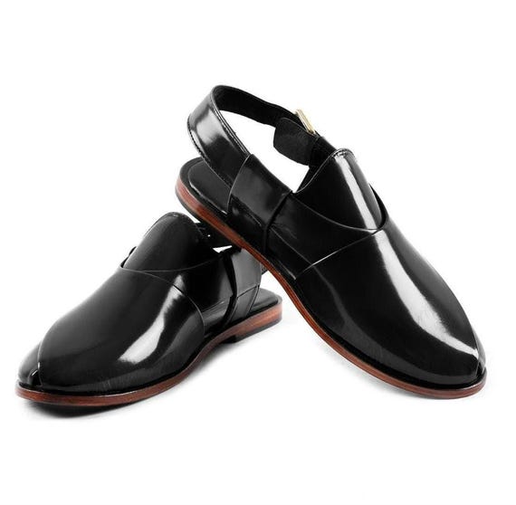 Handmade Black Patina Leather Peshawari Sandals – Men's Kaptaan Chappal with Leather Sole