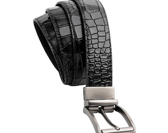 Handmade Reversible Men’s Leather Belt – Crocodile Textured & Smooth Finish with Silver-Tone Buckle