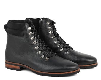 Leather Ankle Boots, Black Cowhide with Side Zip and Rubber Sole