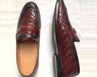 Handmade Woven Leather Loafers, Italian Style Shoe: Mens Moccasions Wedding Shoes Dress Shoes