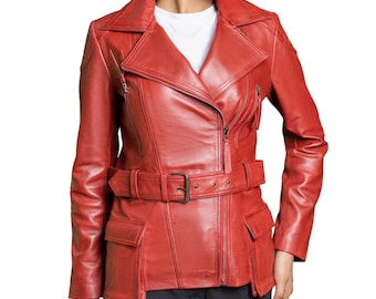 Red Lambskin Leather Motorcycle Jacket: Women's Multi-Zip Biker Coat