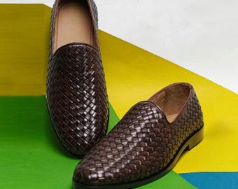 Brown Leather Shoes, Hand-Woven Men's Venetian Slip-Ons with Rubber Soles