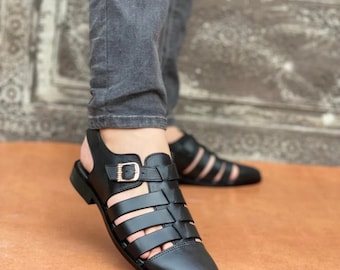 Sandali da pescatore da uomo in pelle fatti a mano: scarpe imbottite con supporto plantare per uomo
