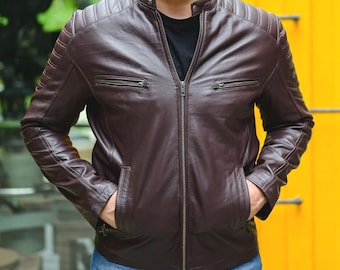 Handmade Lambskin Leather Biker Jacket - Vintage Style Motorcycle Coat Moto Jacket