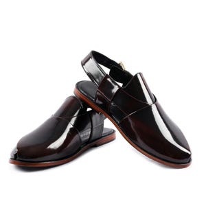 Handgefertigte Schwarze Patina Leder Peschaari Sandalen - Herren Kaptaan Chappal mit Ledersohle Bild 2
