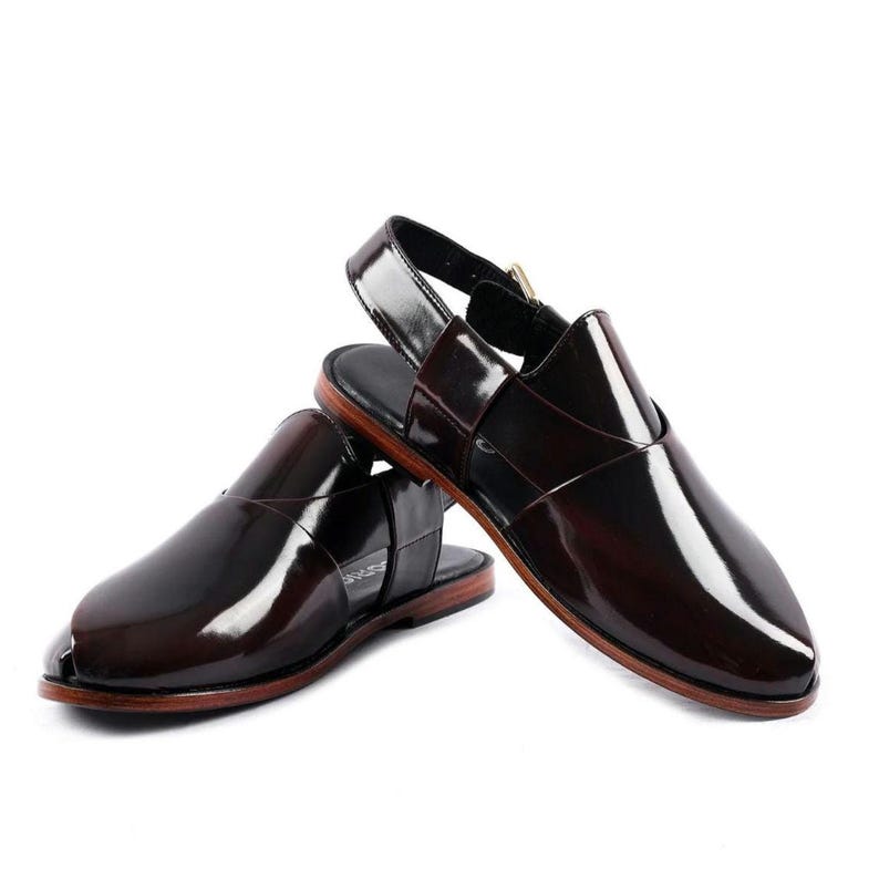 Handgefertigte Schwarze Patina Leder Peschaari Sandalen - Herren Kaptaan Chappal mit Ledersohle Bild 2