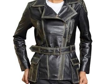 Distressed Black Lambskin Leather Biker Jacket: Women's Moto Style