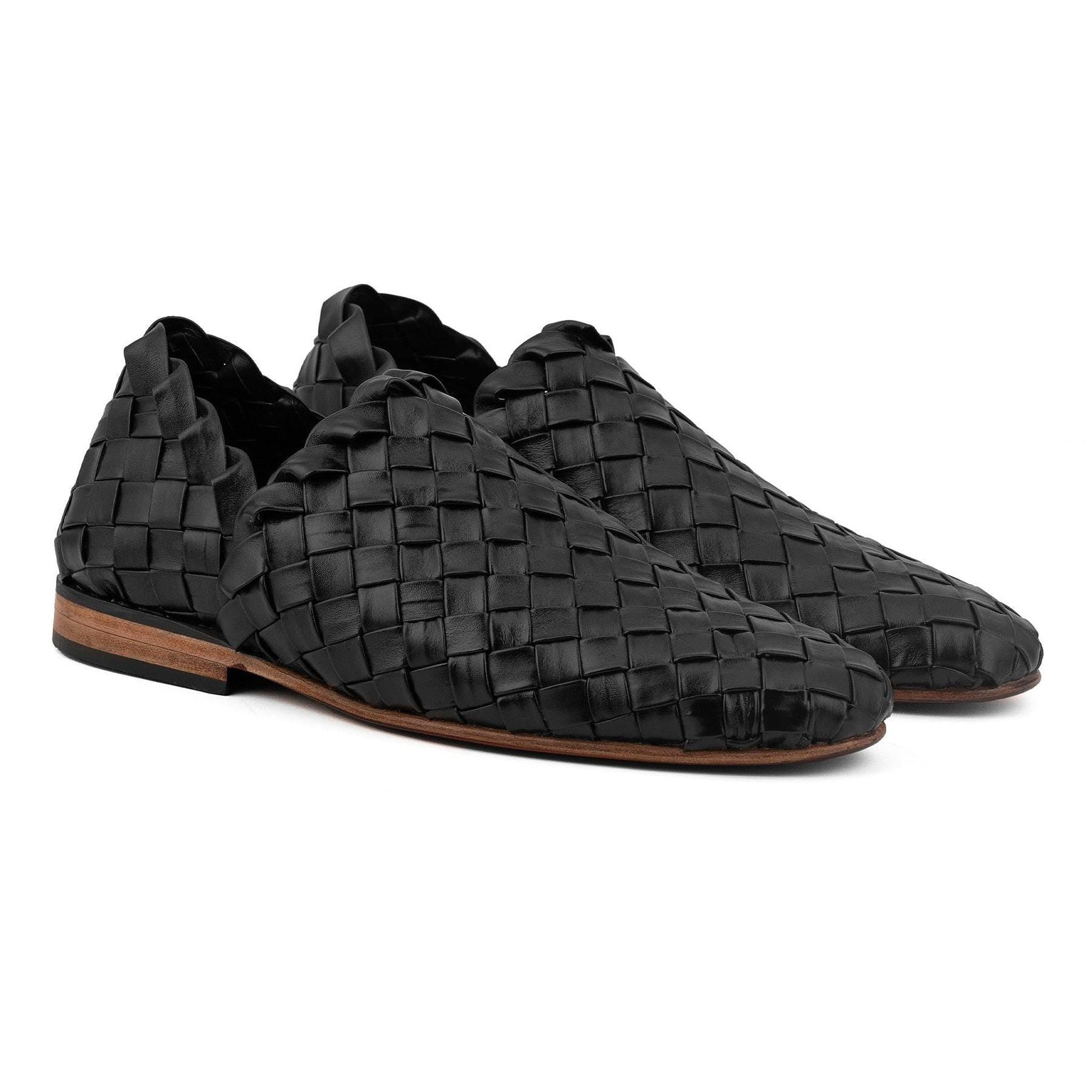 Leather Sole Sandals, Black Calf Men's Woven Upper
