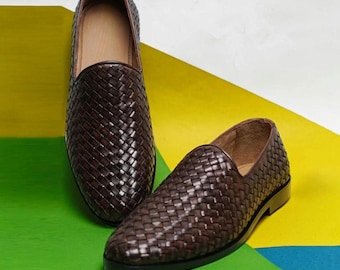 Handmade Woven Brown Leather Loafers: Men's Venetian Slip-Ons Moccasins