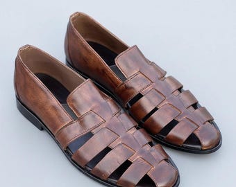 Greek Leather Fisherman Sandals, Brown Pure Lambskin with Rubber Sole