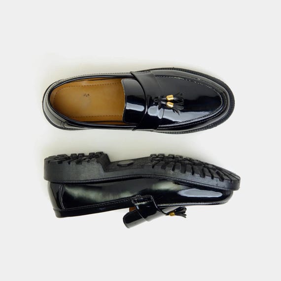 Mens Black Faux Patent Leather Tassel Loafers: Chunky Penny 