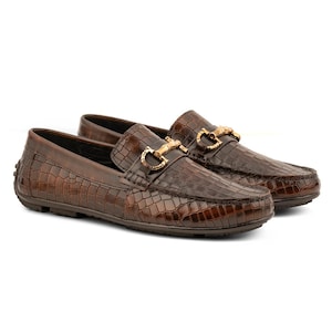 Brown Krokodil geprägte Leder Loafers - Horsebit Fahrer Schuhe - Fahren Mokassins