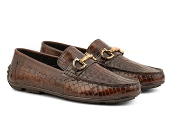 Mocasines de cuero marrón con relieve de cocodrilo para hombre - Zapatos de conducir con hebilla de caballo - Mocasines para conducir