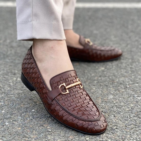 Handmade Braided Leather Loafers – Men's Woven Slip-on Dress Shoes