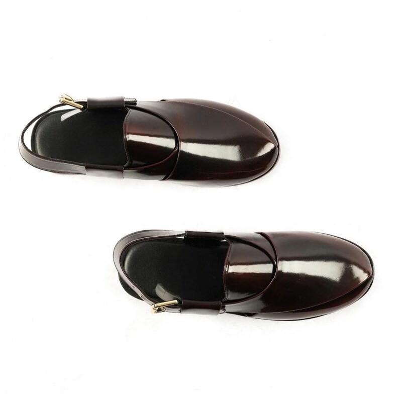 Handgefertigte Schwarze Patina Leder Peschaari Sandalen - Herren Kaptaan Chappal mit Ledersohle Bild 5