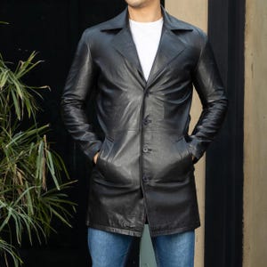 Men’s Black Leather Trench Coat – Handmade Real Leather Longcoat with Button Closure Genuine Leather Coats for Mens – Gift for Him