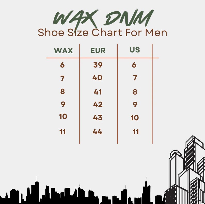 K&ouml;nnte beinhalten: Eine WAX DNM Schuhgr&ouml;&szlig;entabelle f&uuml;r Herren mit Spalten f&uuml;r WAX, EUR und US Gr&ouml;&szlig;en von 6 bis 11. Die Tabelle enth&auml;lt eine schwarz-wei&szlig;e Silhouette einer Stadtsilhouette am unteren Rand sowie Text&uuml;berschriften in Dunkelgr&uuml;n und Braun.
