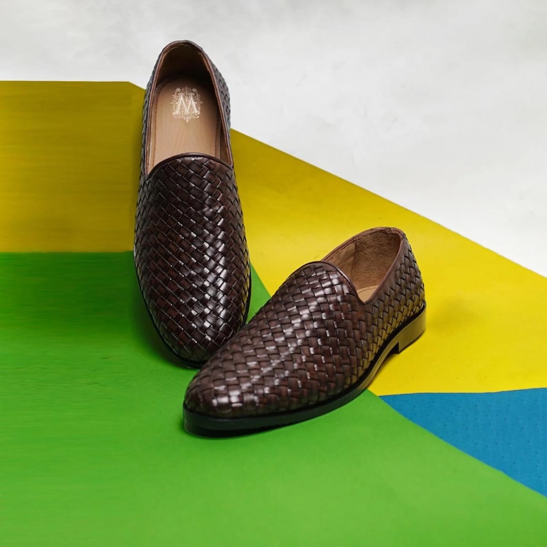 Handmade Woven Brown Leather Loafers: Men's Slip-On Moccasins Mens Shoes image 2