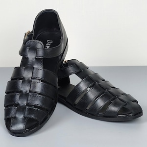 Greek Handmade Black Leather Fisherman Sandals: Adjustable Buckle, Cushioned Arch Support Casual Leather Shoes