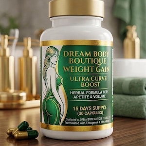 May include: A white and gold bottle of Dream Body Boutique Weight Gain capsules. The label features a green and white illustration of a woman. The bottle is on a wooden surface, with several capsules in front.