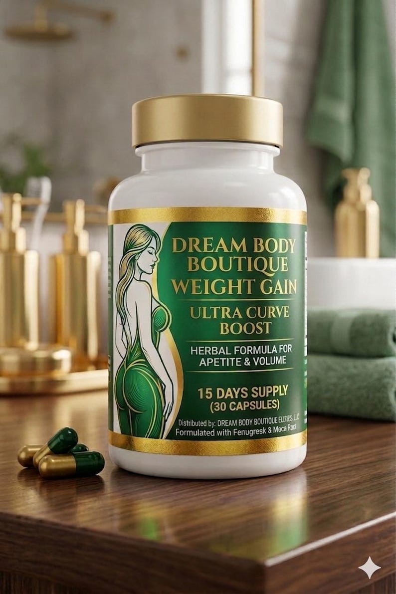 May include: A white and gold bottle of Dream Body Boutique Weight Gain capsules. The label features a green and white illustration of a woman. The bottle is on a wooden surface, with several capsules in front.