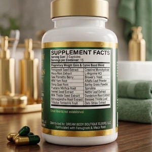 May include: A white supplement bottle with a gold cap and label, containing green and gold capsules. The label lists ingredients like Fenugreek Seed Extract and Maca Root Extract. The bottle is on a wooden surface.