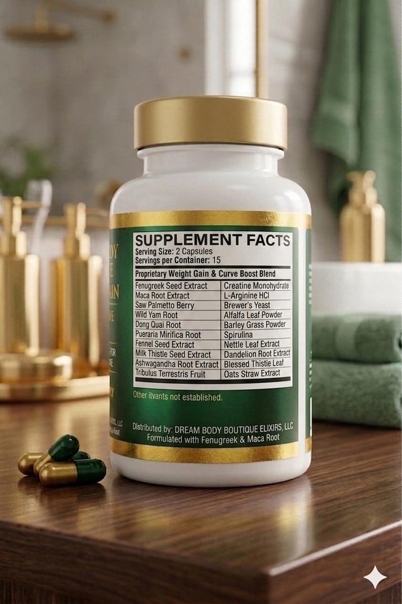 May include: A white supplement bottle with a gold cap and label, containing green and gold capsules. The label lists ingredients like Fenugreek Seed Extract and Maca Root Extract. The bottle is on a wooden surface.