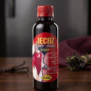 May include: A dark brown bottle with a red cap labeled "JECAZ Super Bum Syrup." The label features a graphic of a woman's silhouette and text promoting butt and hip enhancement. The bottle is on a wooden surface.