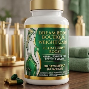 May include: A white bottle with a gold cap and green label, featuring the text "DREAM BODY BOUTIQUE WEIGHT GAIN". The label includes an illustration of a woman and the words "ULTRA CURVE BOOST". Several green and gold capsules are visible.
