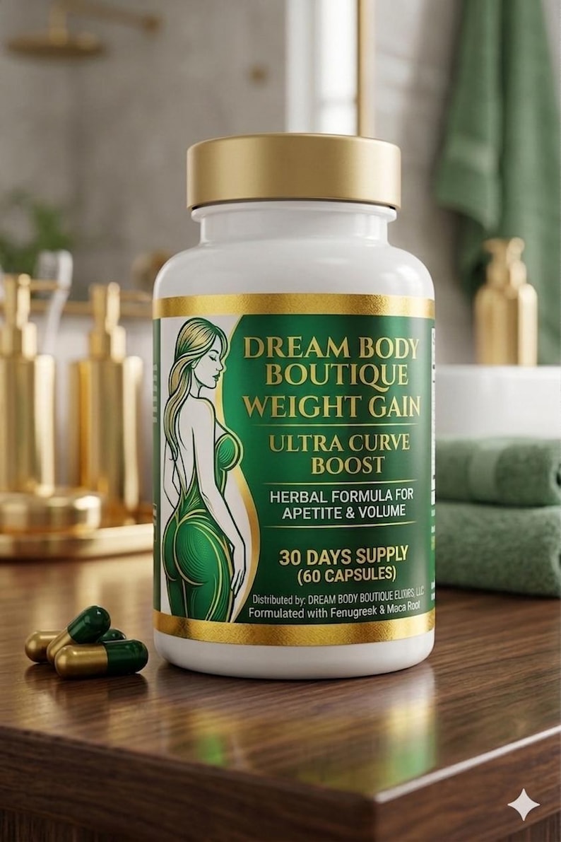May include: A white bottle with a gold cap and green label, featuring the text "DREAM BODY BOUTIQUE WEIGHT GAIN". The label includes an illustration of a woman and the words "ULTRA CURVE BOOST". Several green and gold capsules are visible.