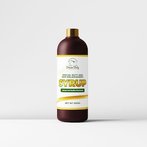 May include: A dark brown plastic bottle with a gold cap and a white label. The label features the text Dream Body Boutique, Special Butt and Hips Enlargement Syrup, Honey and Vanilla Flavoured, and Net Wt 500ml with a graphic illustration.