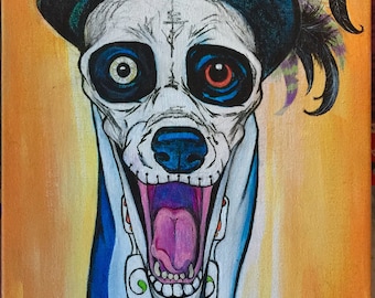 Large stretched canvas Voodoo Dogtor, 18x36” canvas, Whippet, Italian greyhound, pet art, greyhound art, Dia de los muertos, courtsart