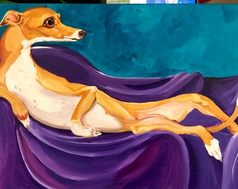 Greyhound Art Print, Reclining Dog Portrait, Colorful Home Decor
