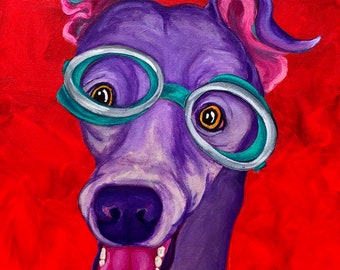 Lámina artística de galgo: perro gracioso con gafas, fondo rojo brillante