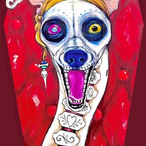 Día de los muertos del galgo, galgo del día de los muertos, impresión del galgo italiano, arte del galgo, arte del whippet, arte de la corte,