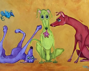 Greyhound art, Italian greyhounds, playfull hounds 10x20" stretched canvas Giclee