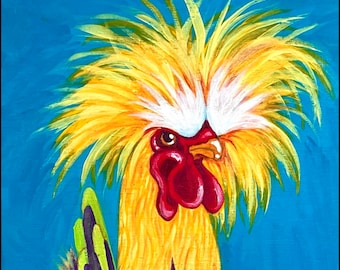 May include: A painting of a rooster with a large, fluffy, white and yellow crest. The rooster has a red wattle and comb, and its body is yellow with black markings. The background is a bright blue.