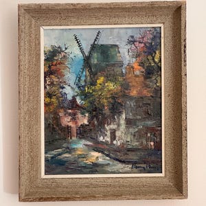 Vintage Oil On Canvas French Landscape Windmill Scene Painting
