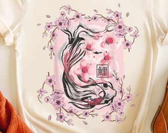 Koi Carp - Japanese Koi Fish T-Shirt, Pink Cherry Blossom Flower Tree T-Shirt, Sakura Tree, Lucky Fish Shirt, Japanese Traditional Style
