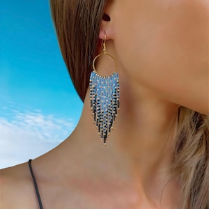 Black and Blue Beaded Fringe Earrings – Handmade Long Dangle Statement Jewelry – Gift for Her – Boho Lightweight Earrings