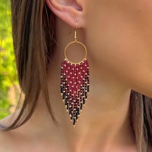 Black and Red Beaded Fringe Earrings – Handmade Long Dangle Boho Statement Jewelry – Gift for Her