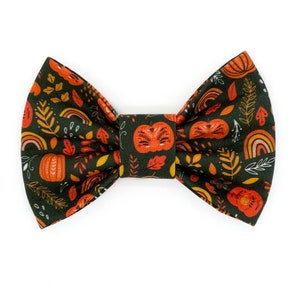 Può includere: Un papillon verde scuro con un motivo ripetuto di zucche, foglie e arcobaleni arancioni. Il papillon ha una forma classica, ideale per aggiungere un tocco autunnale a qualsiasi outfit. Il papillon è fatto di tessuto.