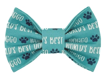Worlds Best Doggo (Turquoise) Snap-In Dog Bows® Bow Tie - For Dogs and Cats, Sailor Bows, Hair Bows, Headband