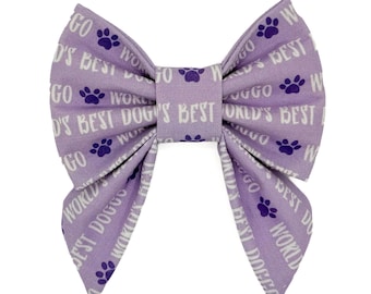 Worlds Best Doggo (Purple) Snap-In Dog Bows® Bow Tie - For Dogs and Cats, Sailor Bows, Hair Bows, Headband