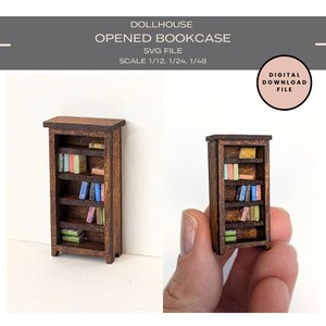 May include: A miniature wooden bookcase with five shelves filled with colorful books. The bookcase is in 1/12, 1/24, and 1/48 scale.  Digital download file.