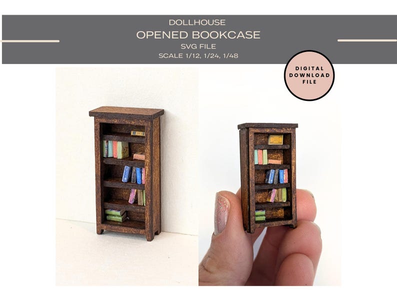 May include: A miniature wooden bookcase with five shelves filled with colorful books. The bookcase is in 1/12, 1/24, and 1/48 scale.  Digital download file.